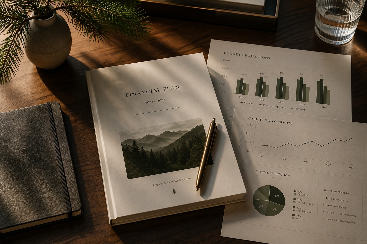 Financial plan and budget projection documents arranged on a wooden desk.