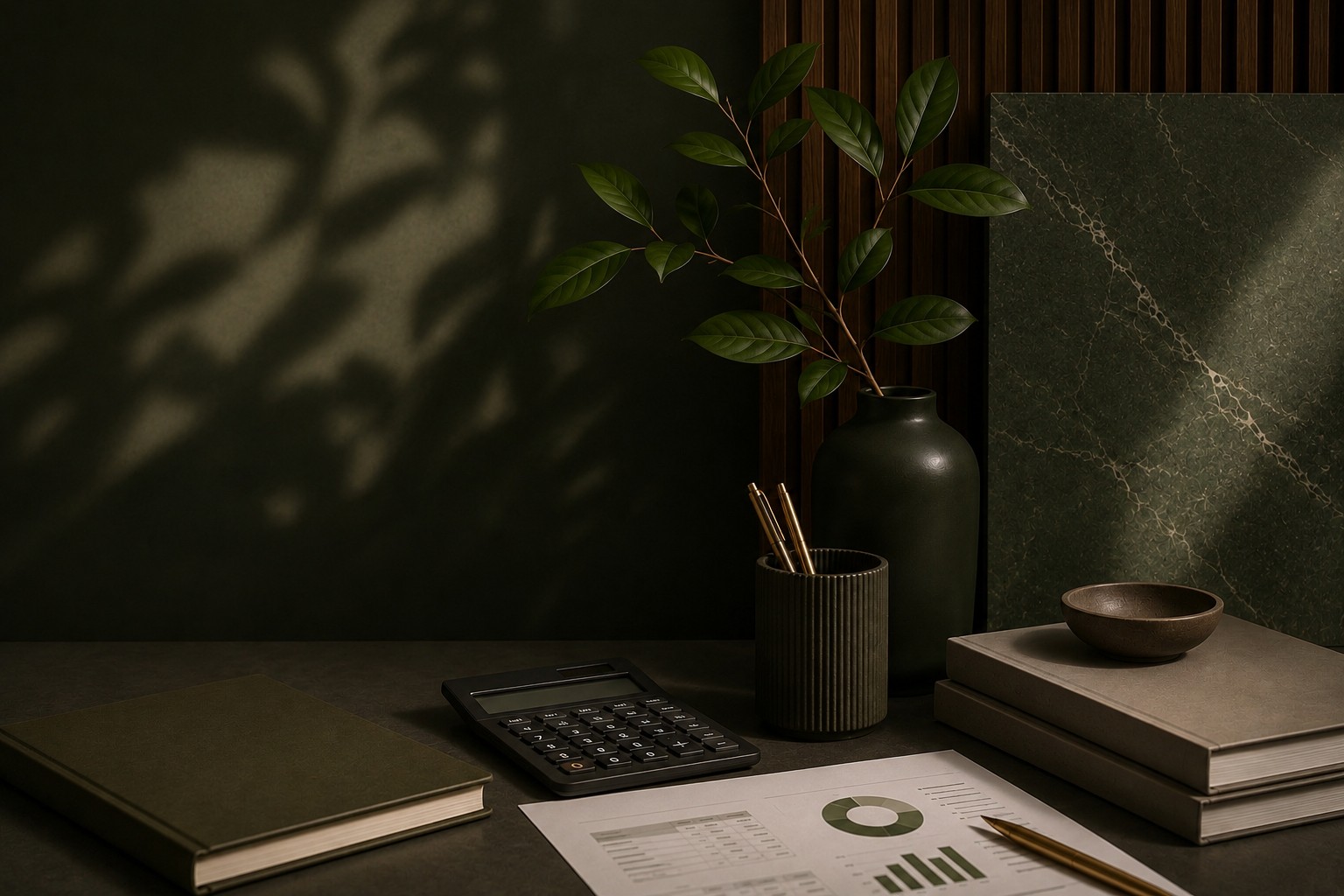 Financial reports, calculator, notebooks, and pens arranged on a walnut desk.