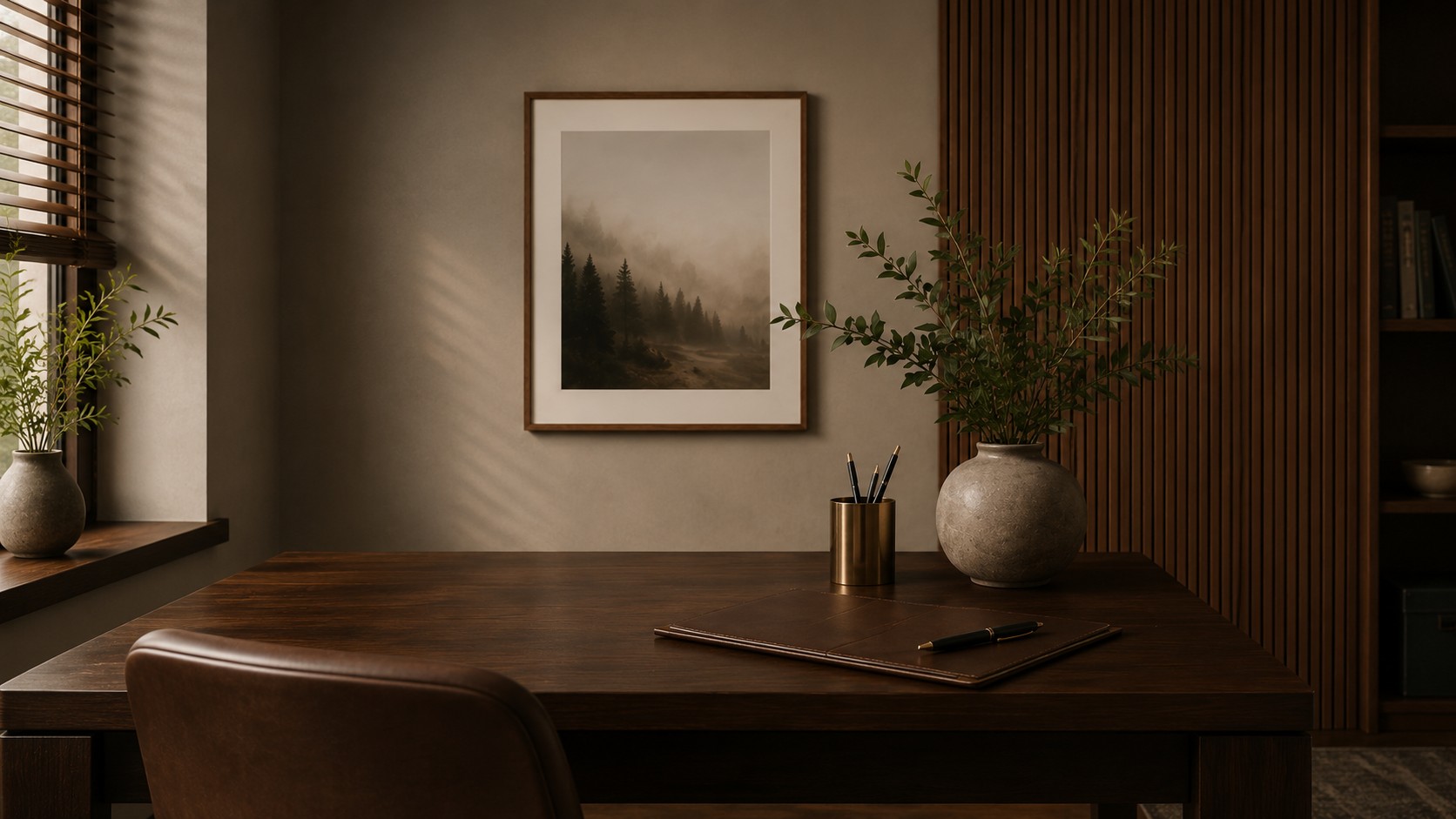 Warm office workspace with a wooden desk, plants, and framed pine forest artwork.