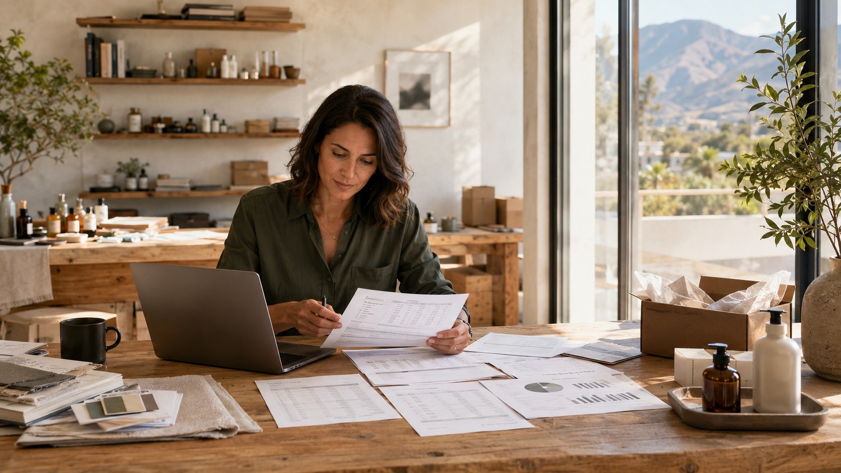 California business owner reviewing financial reports at her workspace.