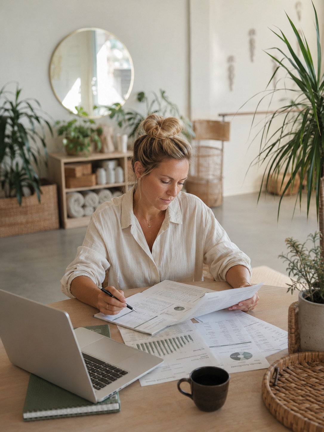 Business owner reviewing records beside her laptop in a bright home workspace.