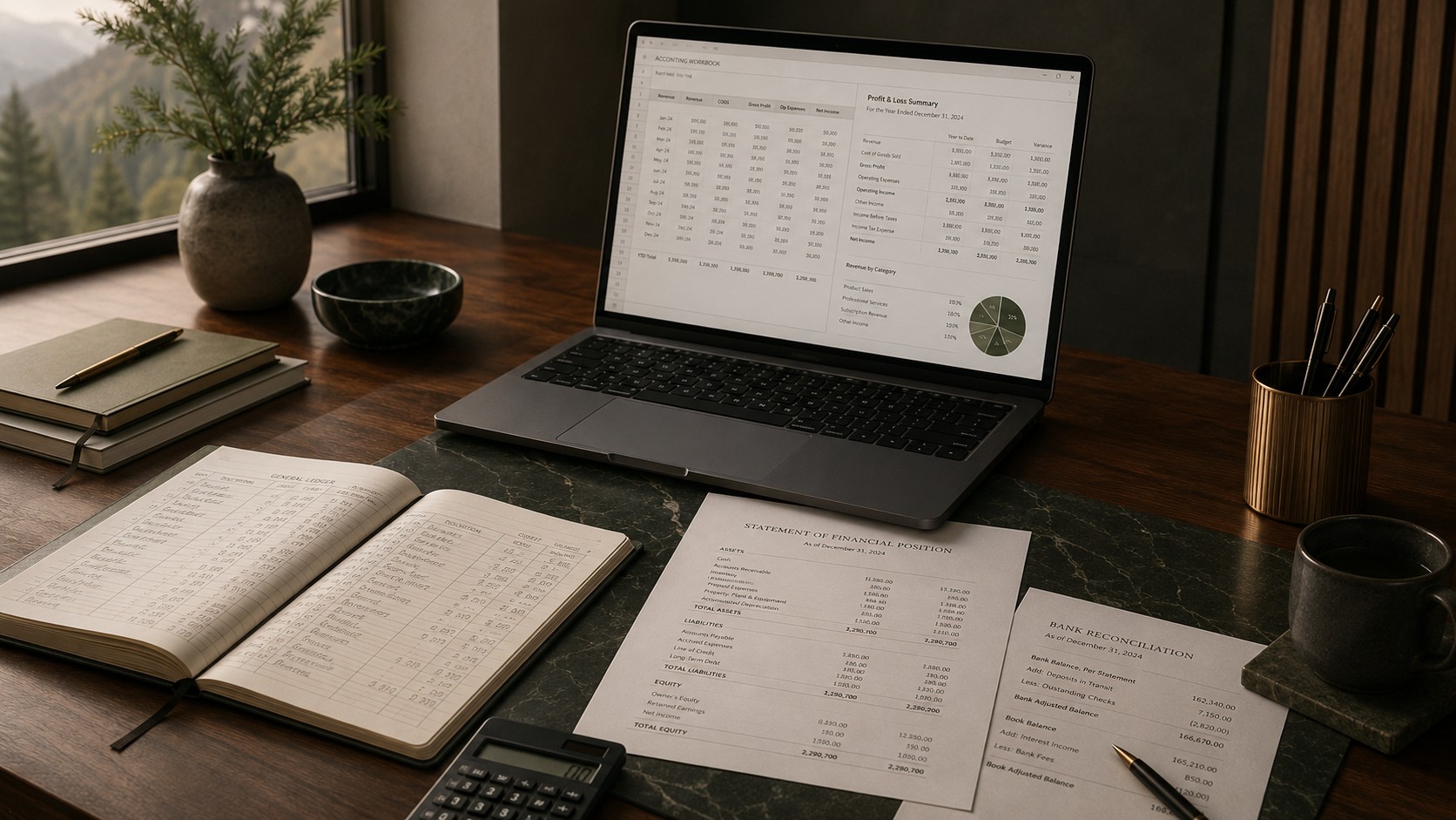 Laptop, financial statements, ledger, and calculator arranged for business planning.