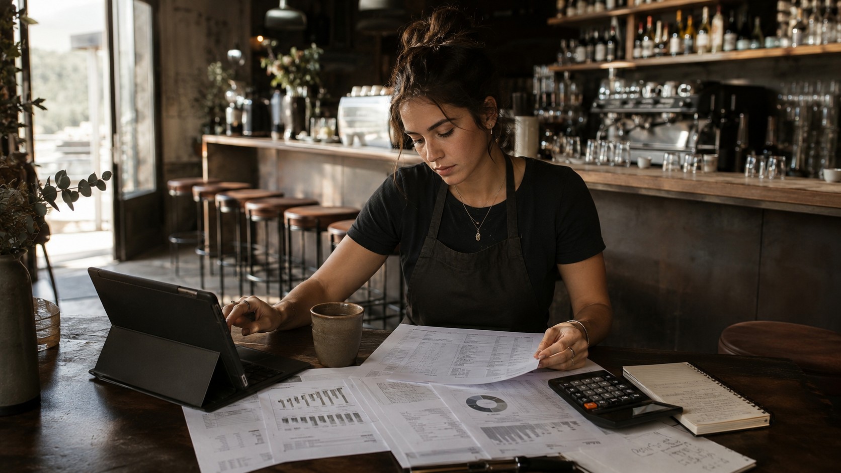 Restaurant owner reviewing financial records with a tablet and calculator.